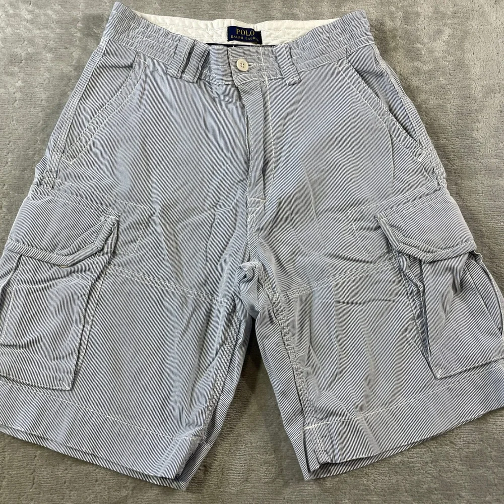 Polo Ralph Lauren Cargo Shorts Mens 30 Blue Coastal Beach Seersucker Hickory